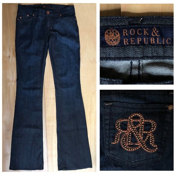ROCK & REPUBLIC FLARE Women’s Rhinestone Pocket Dark Wash Denim Jeans sz 28 - Picture 1 of 9
